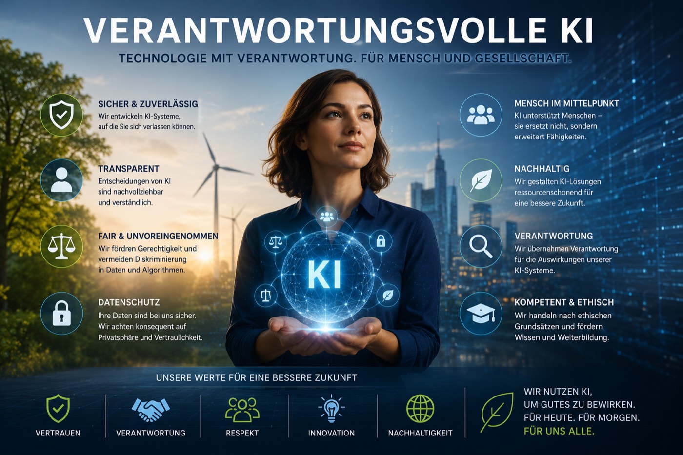 Verantwortungsvolle KI: sicher & zuverlässig, transparent, fair & unvoreingenommen, Datenschutz, Mensch im Mittelpunkt, nachhaltig, Verantwortung, kompetent & ethisch — unsere Werte Vertrauen, Verantwortung, Respekt, Innovation, Nachhaltigkeit